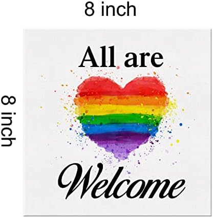Todos são bem -vindos, letreiro, decoração de casa de arte de parede de 8 x 8 polegadas Diversidade Pride Arco -íris Rainbow Office