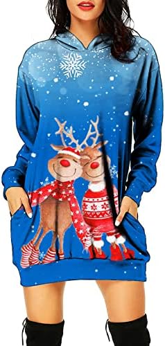Vestido de suéter com capuz comprido de manga comprida estampa de Natal de bolso casual vestido solto malha