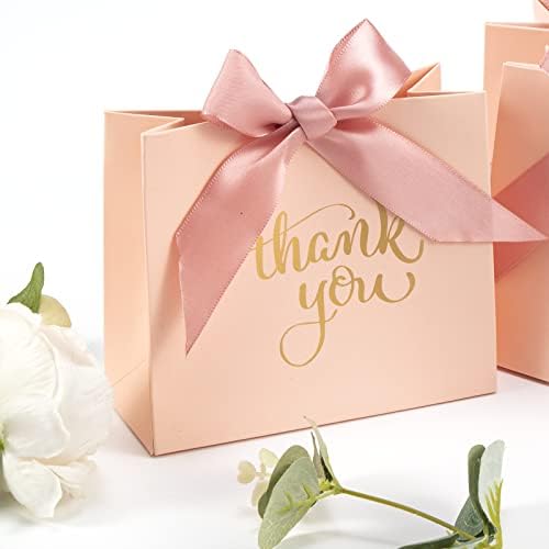 SOSFKIM Obrigado pequenas sacolas de presente 24 - Mini sacos de presente de papel rosa com fitas, festas favoritas