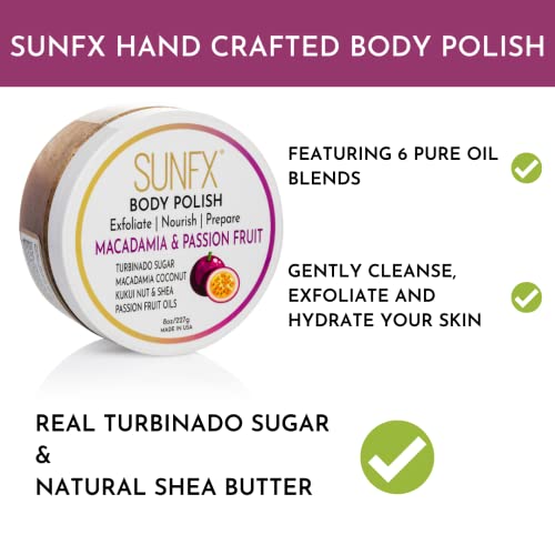 Sunfx Body Polish, pré -spray tan Ultra Ultra Sugar Scrub de nogueira com óleos essenciais nutritivos