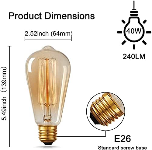 Hession sT64 Edison Bulbs, E26/E27 Base 110V-40W Lâmpada vintage de 4 pacote, lâmpadas decorativas de vidro âmbar