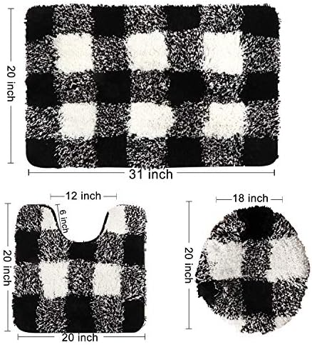 Tapetes de banheiro xadrez de banheiro xadrez de búfalo de búfalo conjunto de tapete de banho de 3 peças com microfibra absorvente