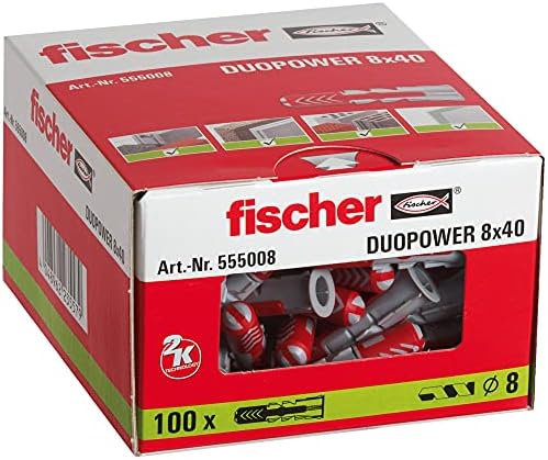 Fischer 555006 Plugue de parede da duoPower, 6x30, vermelho/cinza, 100 peças