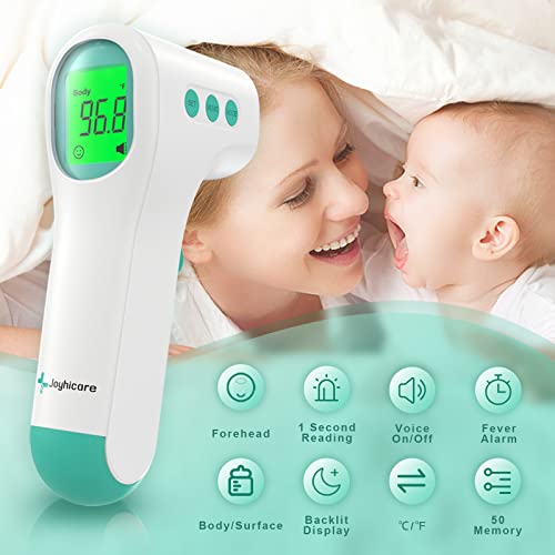 Sem termômetro de testa de toque para adultos, termômetro digital para bebê, termômetro médico infravermelho com alerta de febre, corpo e superfície 2 em 1, 50 memórias, leituras precisas instantâneas