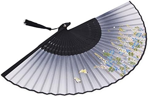 Amajiji Hand segurou o ventilador dobrável para mulheres, 8,27 Chinease/Japanese Hand Hold Silk dobring Film com moldura de bambu, padrões de escultura oca Bamboo Mulheres fãs de fã de mão dobrável de mão