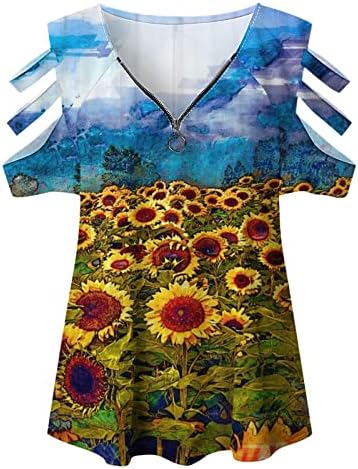 Caminhada superior de manga curta para o outono feminino Summer fora do ombro 2023 V Pesh Cotton Zip Up camiseta EJ EJ