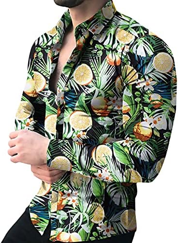 Camisas masculinas da Beibeia botão de outono de manga comprida, camisa havaiana folhas relaxadas folhas florais vintage casual praia