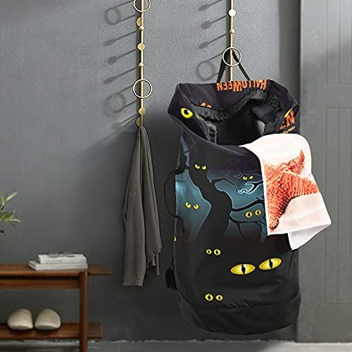 Feliz Halloween Black Cat Eyes Laundry Saco com tiras de ombro para lavanderia Backpack Bolsa Fechamento de Custring Durnure Horting Para Camp Home Essentials College Dorm