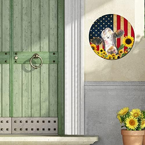 Signo de metal redondo bandeira americana rústica e vacas engraçadas girassolas de girassóis vintage signo de metal poster de barra clássica placa de porta de porta para fazenda decoração de escritório