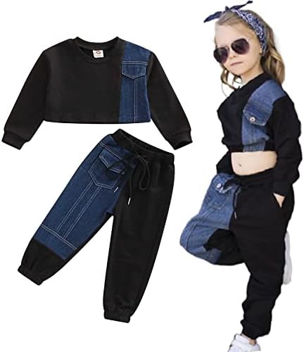 WallarEnear 2pcs unissex bebê manga longa de manchas de retalhos de colheita de colheita de colapso + conjuntos de roupas esportivas de jeans de cordão