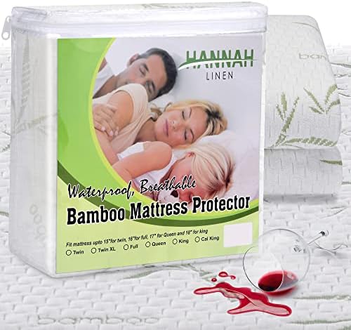 Hannah Linen Bamboo Mattress Protector | Tampa de colchão queen impermeável à prova d'água | Até 16 polegadas