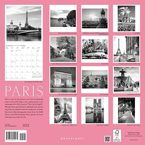 Graphique 2024 Calendário da parede de Paris | 12 ”x 12” | Papel grosso | Organizador de casa e escritório | Grande grade mensal | 3 idiomas e feriados marcados | Página de visualização de 4 meses para 2025