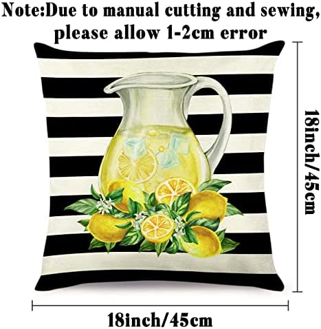 Capas de travesseiro de limão 18x18 Conjunto de 4, capa do travesseiro de arremesso de limão da fazenda da primavera do verão, tampas decorativas de caminhão xadrez de listras pretas e brancas