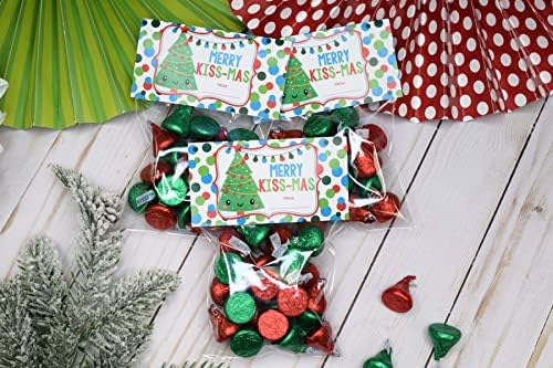 Merry Kiss-mass Christmas Treat Bag Toppers para festas de festas Sacos de tratamento, conjunto de 20 toppers de bolsa