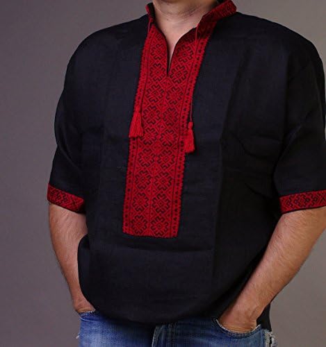 Vyshyvanka mens de uma camisa de linho vermelho preto bordado bordado tamanho da manga curta ucraniana 4xl