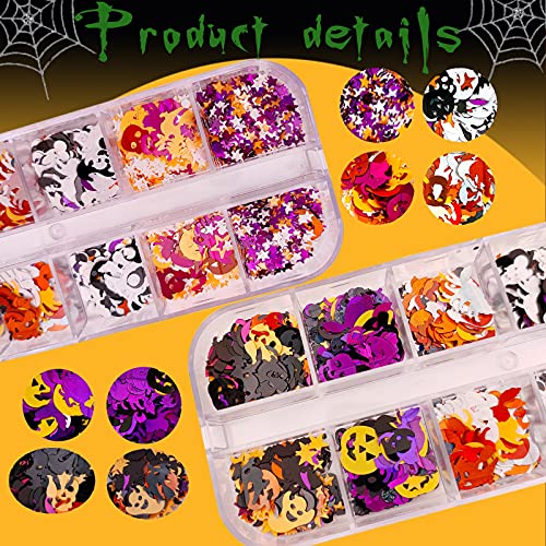 4 caixas Halloween unhas de unhas luminárias, 3d confete de confetes de abóbora aranha bat star flocos holográficos, brilho