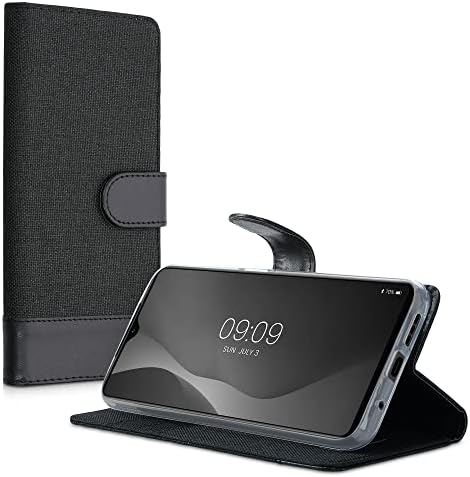 Caixa da carteira Kwmobile Compatível com Xiaomi Redmi 9T - Caso Fabric e Faux Leather Phone Flip Tampa - Antracite/Black