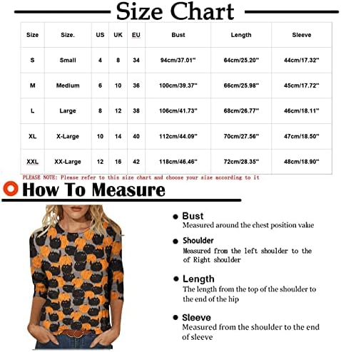 Camiseta de abóbora e gato para mulheres roupas de halloween romancty pullover gráfico de 3/4 de manga redonda de blusa solta blusa