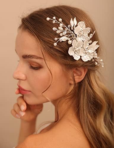 Jumwrit Rhinestone Cabinete de cabelo Branco Clipe de cabelo de flor branco para noivas Damas de honra Capterpule