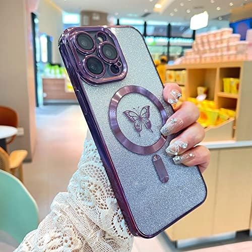 Caso magnético Ziye para iPhone 14 Pro Max Case [Compatível com MagSafe] Padrão Butterfly Plaqueamento de luxo Glitter Design Cover for Women Clear Soft TPU Caixa de telefone protetora à prova de choque 6.7 em - roxo