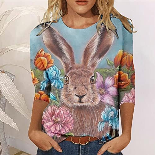 Camisa de coelhinho da Páscoa para mulheres verão 3/4 de manga T camisetas casuais moda moda com túnica de túnica floral solta tops