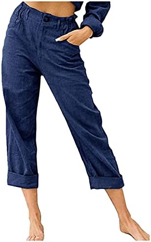 Calça de cor sólida de linho feminina feminina dsodan com botões de bolsos da cintura elástica de calças retas soltas Capri