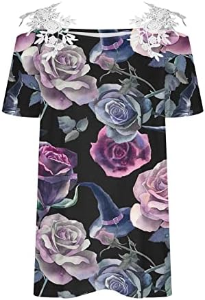 Tamas de manga curta feminina Splicing de renda fora de camiseta de ombro de verão Camisas de impressão floral casual camisetas