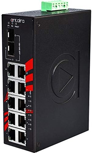 Antaira LNP-1202G-SFP-T Industrial de 12 portas Poe Poe não gerenciado Ethernet Switch, 2 SFPS, Mount Din-Rail, -40 a 75 ° C