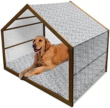 Ambesonne Rose Wooden Dog House, Tones neutros Jardim romântico com esboço flores em flores, canil portátil de cão portátil interno e externo com travesseiro e capa, 2x-grande, PurpleBlue White