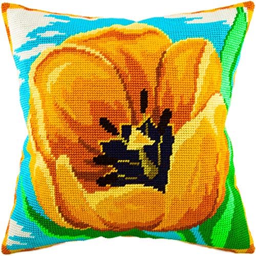 Tulipa amarela BRVSK. Kit de agulha. Jogue travesseiro 16 × 16 polegadas. Tela de tapeçaria impressa, qualidade européia