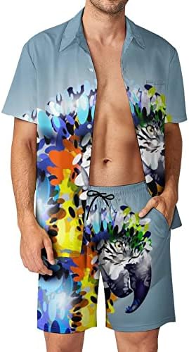 WeedkeyCat Art Parrot Head Men's Beach Roupetfits 2 peças Button Hawaiian Down Camise