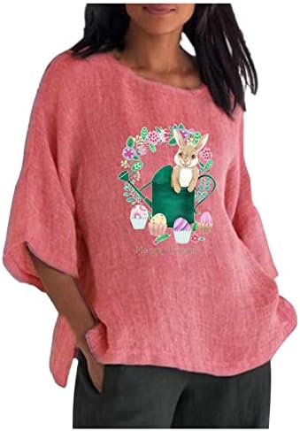 Mulheres felizes camiseta de páscoa casual 3/4 manga fofa de coelhinho de coelho camiseta de linho de linho de algodão superior