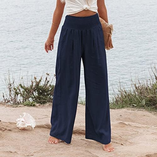 Calças de linho Zefotim para mulheres de perna larga com cintura larga Fit Palazzo calça casual Praia Trenda Trendy com bolsos