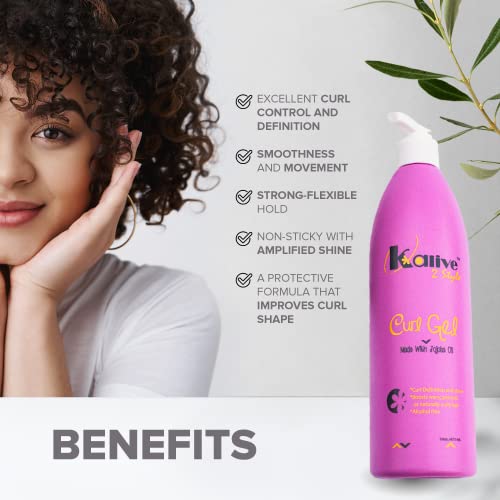 Curl Gel Kalive 16 oz, para cabelos encaracolados. Este produto capilar para mulheres define todos os tipos de cachos, ondas e texturas de cabelo, naturais ou permeados.