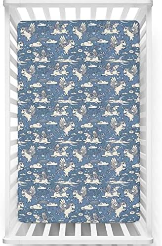 Folhas de berço ajustadas com temas de berçário, lençóis mini-berço portáteis de chapas de fabricação de material para meninos, 24 “x38“, baby azul azul branco