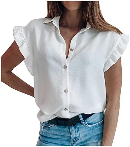 BMISEGM Mulheres de manga curta T-shirt Frill T-shirt Camisetas casuais Summer Summer Relaxed Buttons-Up Sleeve Tops camisa