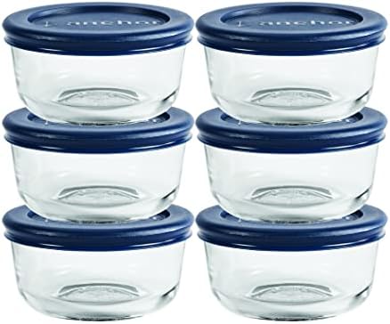 Anchor Hocking 1 xícara Recipientes redondos de armazenamento de alimentos Vidro transparente com tampas de plástico azul, conjunto