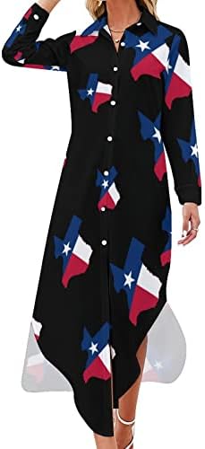 Vestido de camisa de mapa da bandeira do estado do Texas vestido de manga longa vestido casual maxi vestidos maxi para