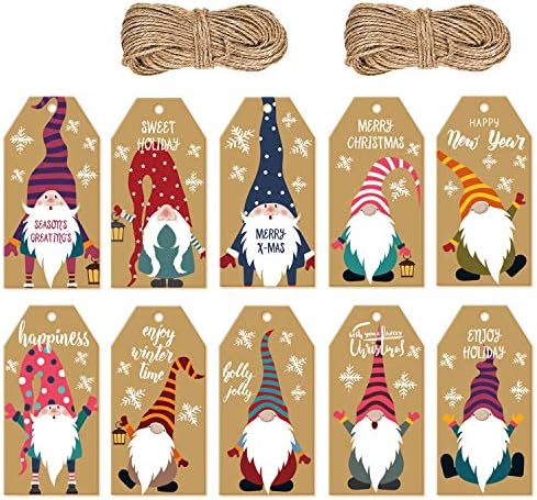 Doumeny 200 peças Christmas Gnome Presente Tags de presentes Xmas Kraft Tags de presente de papel pendurado com 131