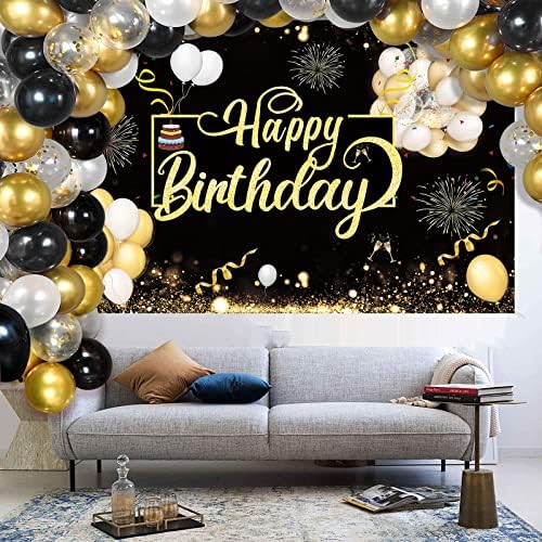 Gold Black Feliz Aniversário Extra Grande Banner de Poster de Poster de Fundo com Toelas de mesa à prova d'água 2pcs e balões de látex brilhantes metálicos para festas de aniversário para festas de aniversário