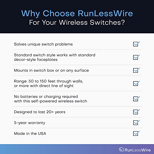 RunlessWire Basic Wireless Light Switch & Receiver Kit, sem baterias ou wifi necessário, DIY, remoto 150+ft rf RF - 1 receptor,