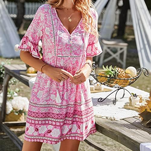 Lmdudan 2023 Vestidos de verão para mulheres estampas florais boêmios Manga curta de uma linha Vestido LOW LOLE V NESCESTE