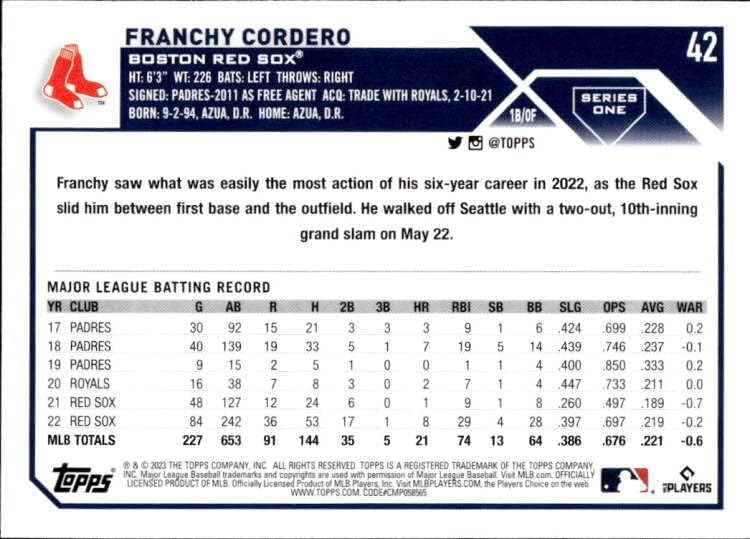 2023 TOPPS 42 FRANCHY Cordero NM-MT Boston Red Sox Baseball Card MLB