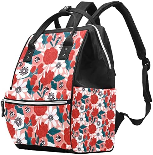 Backpack de fraldas de fraldas floral branco vermelho