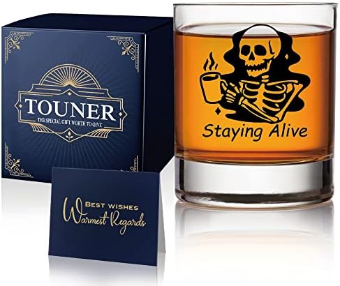Touner Staying Alive Whisky Glasses, Glass de uísque de Halloween Skull, presentes engraçados de aniversário para homens, presente