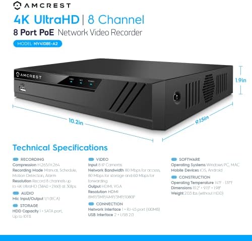 Sistema de câmera de segurança 4K AMCREST com 4K 8CH POE NVR, x 4K IP67 Bullet de metal à prova de meta