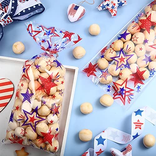 100 peças Patrióticas Celllo Bags Independence Day 4 de julho Bolsas de doces Bolsas de Goodie Sacos azuis Red USA Star Celofane