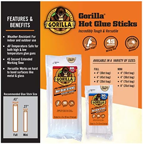 Gorilla Hot Glue Sticks, Mini Tamanho, 4 Long x .27 Diâmetro, 30 contagem, Clear,