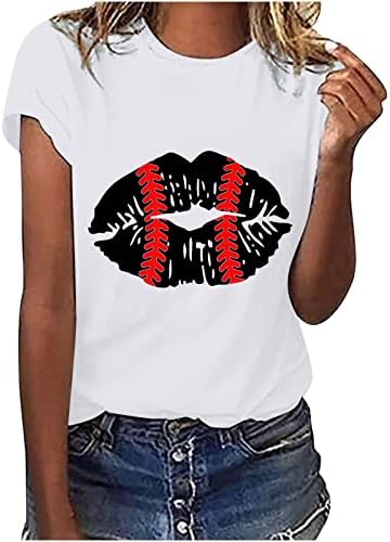 2023 Tops casuais para mulheres Funny Baseball Lips Graphic Graphic Manves Tee Camisetas Senhoras Verão Camiseta Soff Soft Tunic