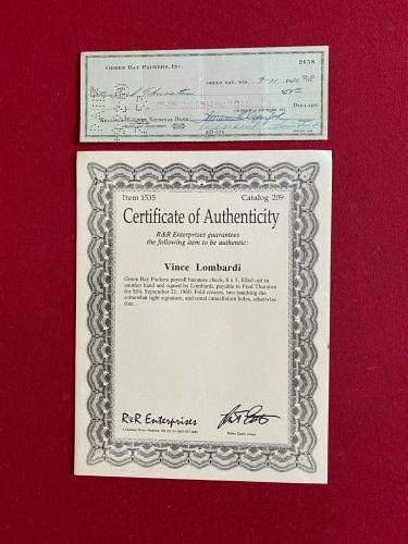 Vince Lombardi, assinado , Cheque de folha de pagamento Green Bay Packers - assinaturas de corte da NFL